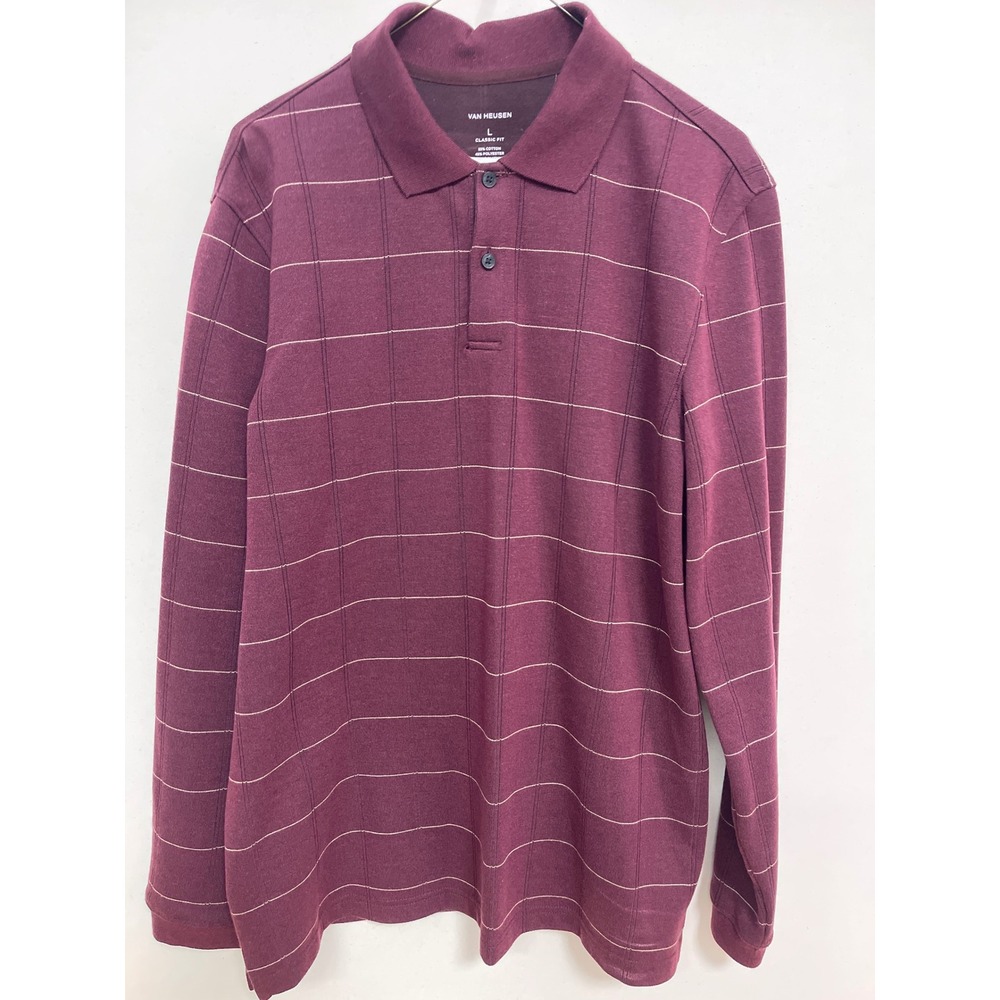 Van Heusen Mens Large Burgundy Grid Long Sleeve Polo Shirt Classic Fit Maroon
